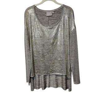 Dantelle Women's Sz S Gold Metallic Long Sleeve Shirt High Low Hem Round Neck